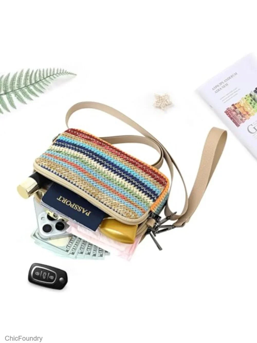 3-Zip Woven Straw Wristlet Crossbody Phone Purse